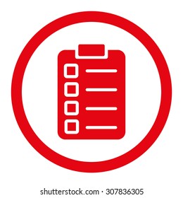 Test task vector icon. This rounded flat symbol is drawn with red color on a white background.