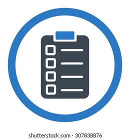 Test task vector icon. This rounded flat symbol is drawn with smooth blue colors on a white background.