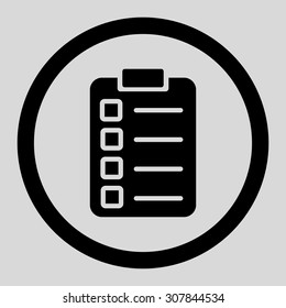 Test task vector icon. This rounded flat symbol is drawn with black color on a light gray background.