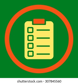 Test task vector icon. This rounded flat symbol is drawn with orange and yellow colors on a green background.
