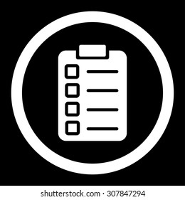 Test task vector icon. This rounded flat symbol is drawn with white color on a black background.