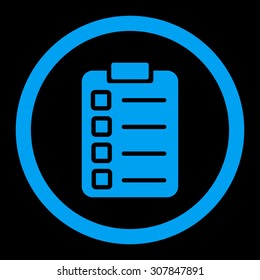 Test task vector icon. This rounded flat symbol is drawn with blue color on a black background.