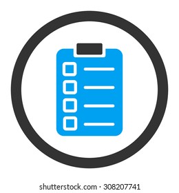 Test task vector icon. This rounded flat symbol is drawn with blue and gray colors on a white background.