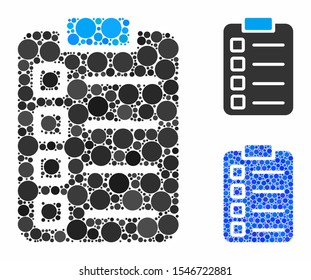 Test tasks mosaic of small circles in different sizes and shades, based on test tasks icon. Vector small circles are united into blue composition. Dotted test tasks icon in usual and blue versions.