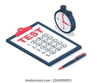 Concepto de tiempo de prueba. Portapapeles con forma de masa, pluma y cronómetro. Llenando, escribiendo pruebas. Examen a tiempo. Lista de verificación, encuesta. Llenando formularios. Ilustración vectorial diseño isométrico 3d. 