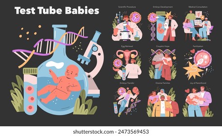 Test Tube Babies concept. An educational illustration showcasing the stages of IVF from scientific procedures to the joy of parenthood. Vector illustration.