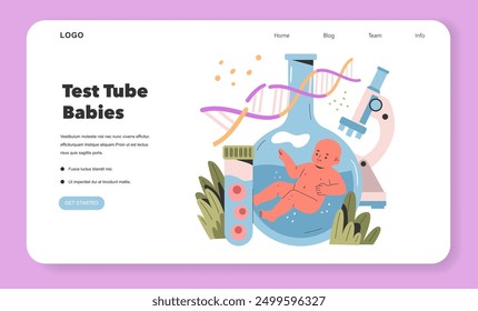 Concepto de Test Tube Babies. Una ilustración que muestra a un bebé dentro de un frasco de laboratorio, símbolo de la concepción artificial, con un telón de fondo científico. Diseño limpio y educativo. Ilustración vectorial.