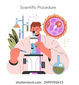 Concepto de Test Tube Babies. Una ilustración que muestra la investigación de fertilización in vitro con un científico que examina bajo un microscopio. Entorno de laboratorio con herramientas científicas. Ilustración vectorial