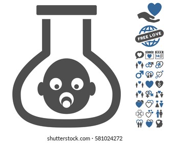 Test Tube Baby icon with bonus marriage graphic icons. Vector illustration style is flat iconic cobalt and gray symbols on white background.