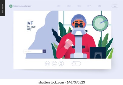 Bebé de tubo de ensayo, fertilización in vitro, FIV -plantilla de seguro médico -moderna ilustración digital de concepto de vector plano- un auxiliar de laboratorio que realiza el procedimiento de FIV, laboratorio médico