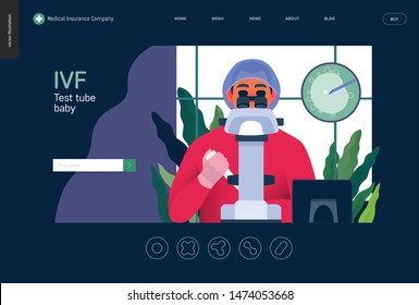 Bebé de tubo de ensayo, fertilización in vitro, FIV -plantilla de seguro médico -moderna ilustración digital de concepto de vector plano- un auxiliar de laboratorio que realiza el procedimiento de FIV, laboratorio médico
