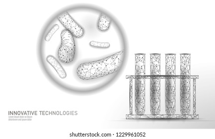 Test tube bacteria 3D low poly render probiotics. Laboratory analysis microorganism. Healthy flora of human body. Modern science technology medicine allergy immunity thearment vector illustration