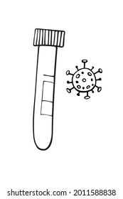 Test tube, beaker for analyses with molecule virus isolated on white background. Covid-19 test. Blood samples. Flu analysis for laboratory. Vector outline doodle illustration