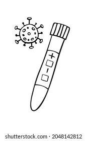 Tubo de ensayo, vaso de precipitado con virus molécula aislado sobre fondo blanco. Ensayo Covid-19. Muestras de sangre. Análisis de la gripe para laboratorio. Ilustración del doodle del contorno del vector