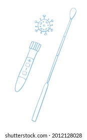 Tubo de ensayo, vaso de precipitado con hisopo y virus molécula aislados en fondo blanco. Ensayo Covid-19. Muestras de sangre. Análisis de la gripe para laboratorio. Ilustración del doodle del contorno del vector