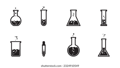 Test tube black and white vector icon set. Chemistry lab flask, science, laboratory symbol. Graduated sylinder, Dropper, Florance , Test tube, Conical , Volumetric, Erlenmeyer, Beaker