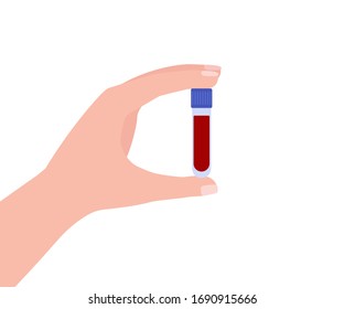 Test tube with blood in the hand. Virus analysis. Vector illustration