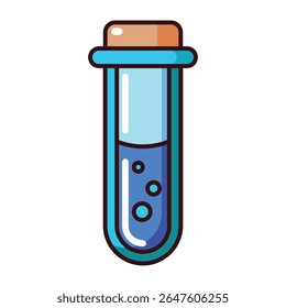 Test tube with blue liquid and stopper cartoon style isolated on white background.