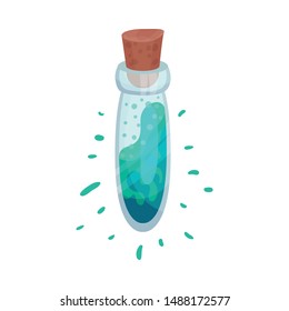 Test tube with bright blue liquid. Closed by a wooden cork. Vector illustration on a white background.