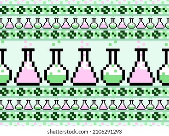 Test tube cartoon character seamless pattern on green background.Pixel style