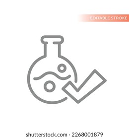 Icono de vector de línea de marca de verificación y tubo de ensayo. Matraz de laboratorio, vidrio químico y símbolo de garrapatas.