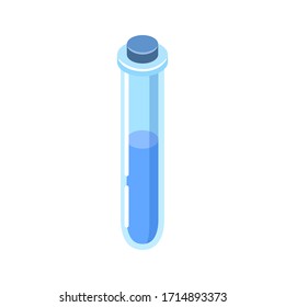 Test tube with colored liquid inside. Flask with material for scientific research work in the field of chemistry or medicine. Stylish vector isometric isolated illustration on a white background
