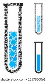 Test tube composition of inequal elements in variable sizes and color tones, based on test tube icon. Vector trembly elements are composed into composition.