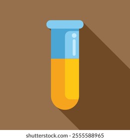 Test tube containing yellow liquid casting a long shadow over a brown background