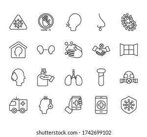 test tube and coronavirus protective measures icon set over white background, line style, vector illustration