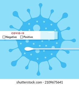 Test tube with cotton swab and coronavirus icon background. Concept banner about Covid-19. Vector illustration, flat design