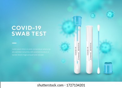 Test tube with cotton swab for nasopharyngeal specimens. Realistic tube 3D set. Corona virus infection, novel coronavirus disease 2019. Concept marketing for banner and website, landing page template
