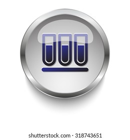 Test Tube dark blue vector icon on a glossy glass button with chrome on white background
