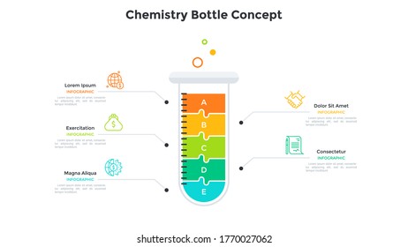 Test tube divided into 5 colorful jigsaw puzzle pieces. Concept of five stages of chemistry research, laboratory experiment. Minimal infographic design template. Modern flat vector illustration.