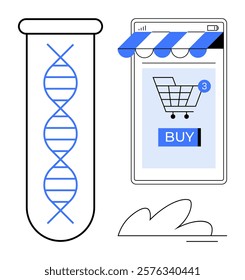 A test tube with DNA helix next to a smartphone displaying a shopping cart and a BUY button. Ideal for biotechnology e-commerce science innovation genetic testing future technology and online