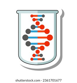 Test tube with DNA solution for experiment flat paper sticker. Flask with organic sample for analyzes of microorganisms, bacteria isolated on white background. Laboratory equipment, science concept