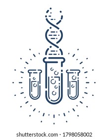 Icono lineal simple del tubo de ensayo y del vector de ADN, biotecnología científica y símbolo artístico de línea de análisis de medicina, investigación de laboratorio.