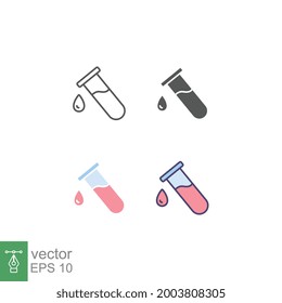 Tubo de prueba con icono de gota. Análisis de laboratorio científico con vidrio tubular y gota de agua sólida en el interior. Experimentos de biología o química. Prueba de sangre.Diseño de la ilustración del vector en el fondo blanco EPS10