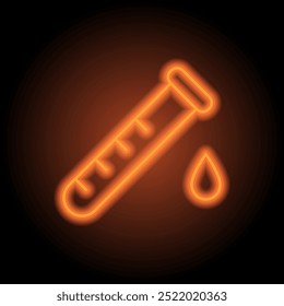 Test tube and drop simple icon vector. Flat design. Orange neon on black background.ai