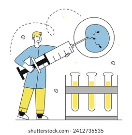 Test tube fertilization linear. Man with syringe and flasks. Chemical research in laboratoty. Experiments in lab. Scientist with flasks with reagents. Doodle flat vector illustration