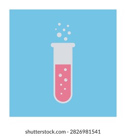 A test tube filled with pink liquid and bubbles on a blue background, representing a laboratory science experiment or chemical reaction in a medical or educational setting.