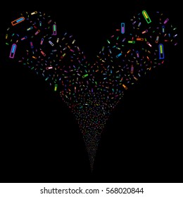 Test Tube fireworks stream. Vector illustration style is flat bright multicolored iconic symbols on a black background. Object double fountain combined from random design elements.