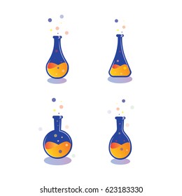 Test tube and flask. Blue bright chemistry and science icon education concept. Laboratory test vector icon. Set with different magic elixir.