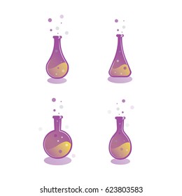 Test tube and flask. Chemistry and science icon education concept. Laboratory test vector icon. Set with different magic elixir.