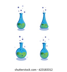 Test tube and flask. Laboratory test vector icon. Green chemistry and science icon education concept. Set with different magic elixir.