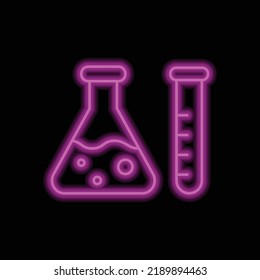 Tubo de ensayo y vectores de iconos simples del matraz. Diseño plano. Neón morado sobre fondo negro.ai