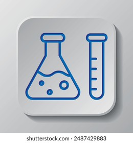 Test tube and flask simple icon vector. Flat design. Paper cut design. Cutted blue symbol with shadow. Gray badge button, gray background.ai