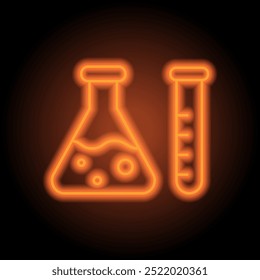 Test tube and flask simple icon vector. Flat design. Orange neon on black background.ai
