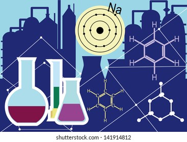 Test tube, flasks, charts and formulas of sodium, carbon, benzene against silhouette of the plant.