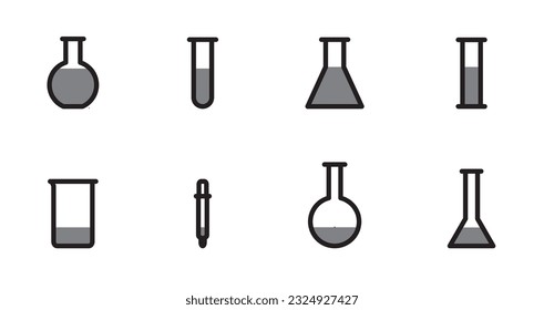 Test tube flat vector icon set. Chemistry lab flask, science, laboratory symbol. Graduated sylinder, Dropper, Florance , Test tube, CoLaboratory icon set.. Vector illustration, flat design.