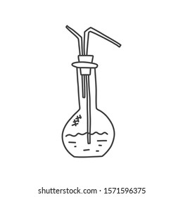 Test tube glass chemistry, sketch hand drawn. Glass scientific device, inside chemical liquid, two tubes neck, lab experiment, study technology. Close up drawing cartoon flat art style.
